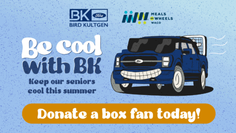 An illustrated Ford F-150 with a title of "Be Cool with BK" and a call to action to donate a fan for seniors with no AC