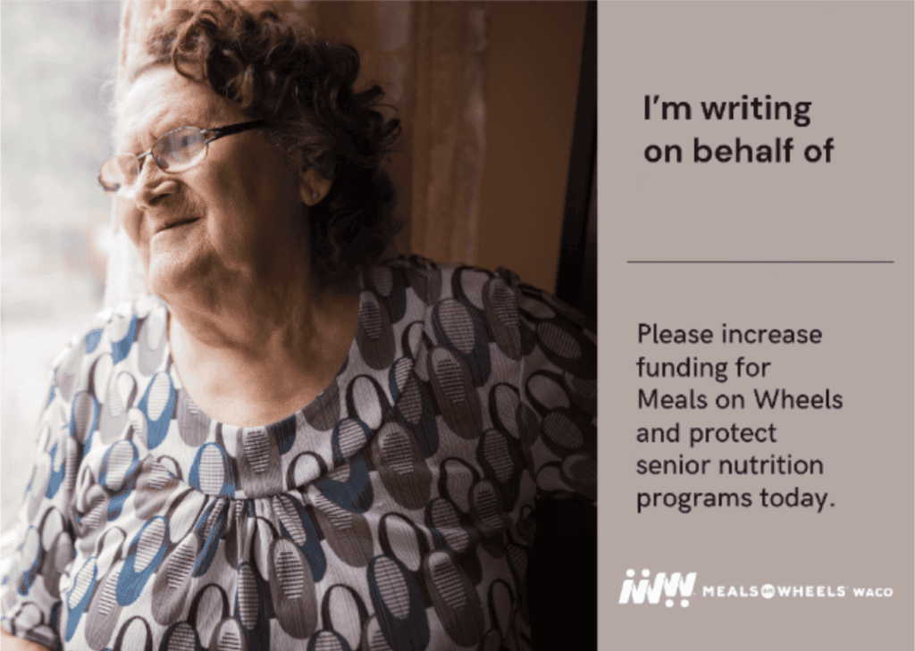 Postcard of a senior woman looking out the window with title 'I am writing on behalf of _____'.